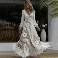 Women's Vintage Floral Embroidery Art V-neck Casual Long Sleeve Maxi Dress elevenforest