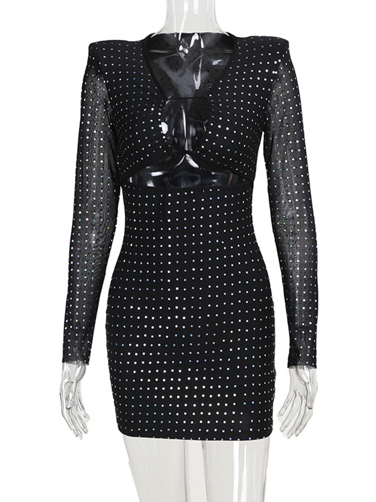 Tossy Sequined Hollow Strap Slim Mini Dress Long Sleeve Hip Wrap Patchwork Black Party Evening Dress Female Summer