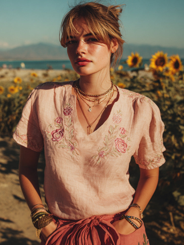Women's Vintage Pink Floral Art Embroidery Linen T-shirt elevenforest