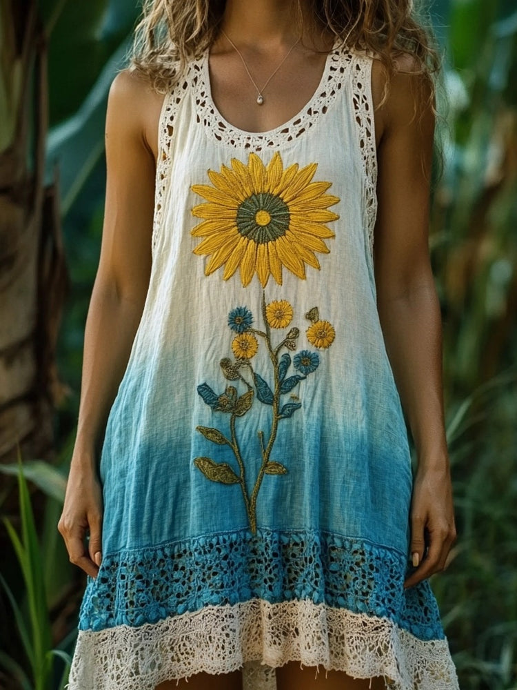 Boho Sunflower Embroidered Lace Patchwork Linen Maxi Dress elevenforest
