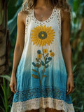 Boho Sunflower Embroidered Lace Patchwork Linen Maxi Dress elevenforest