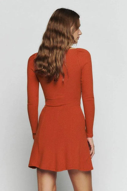 Knit Long Sleeve U-neck Mini Dress Orange