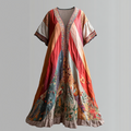 Women's Vintage Rainbow With Floral Art Linen V-neck Short Sleeve Dress elevenforest