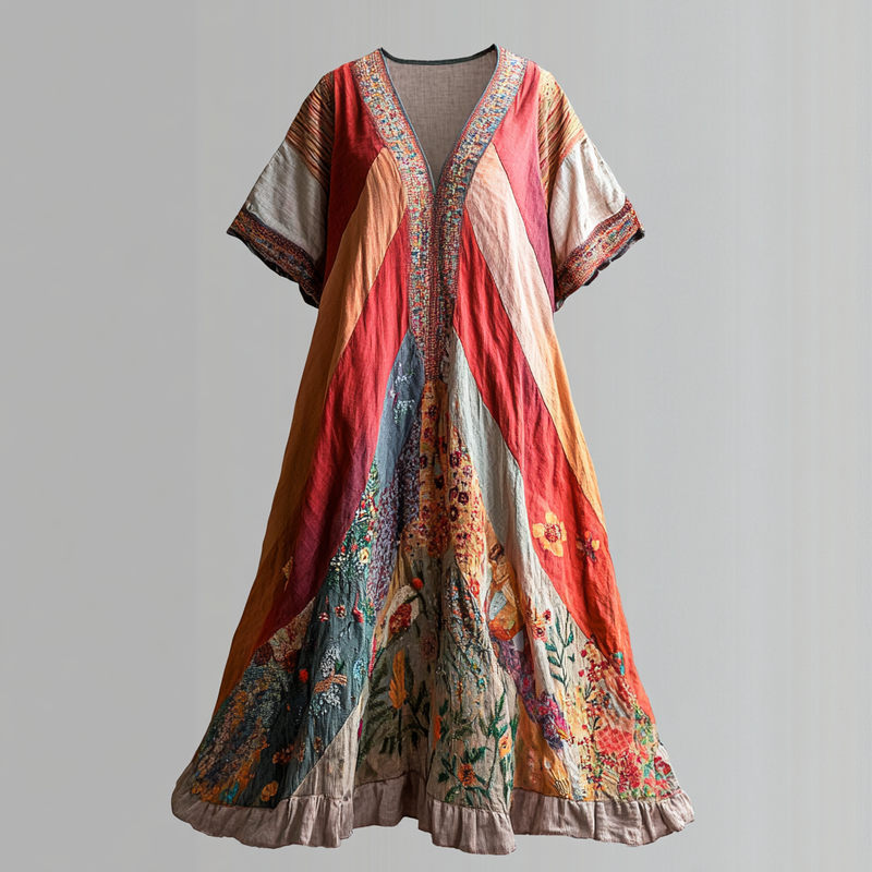 Women's Vintage Rainbow With Floral Art Linen V-neck Short Sleeve Dress elevenforest