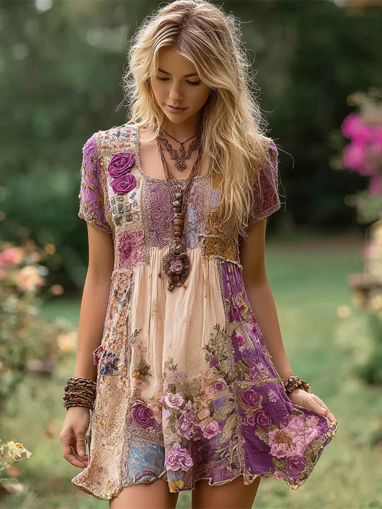 Purple Floral Boho Art Women's Linen Short Sleeve Mini Dress elevenforest