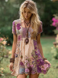 Purple Floral Boho Art Women's Linen Short Sleeve Mini Dress elevenforest