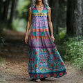 Women's Floral Art Print Cotton Sleeveless V Neck Dress elevenforest
