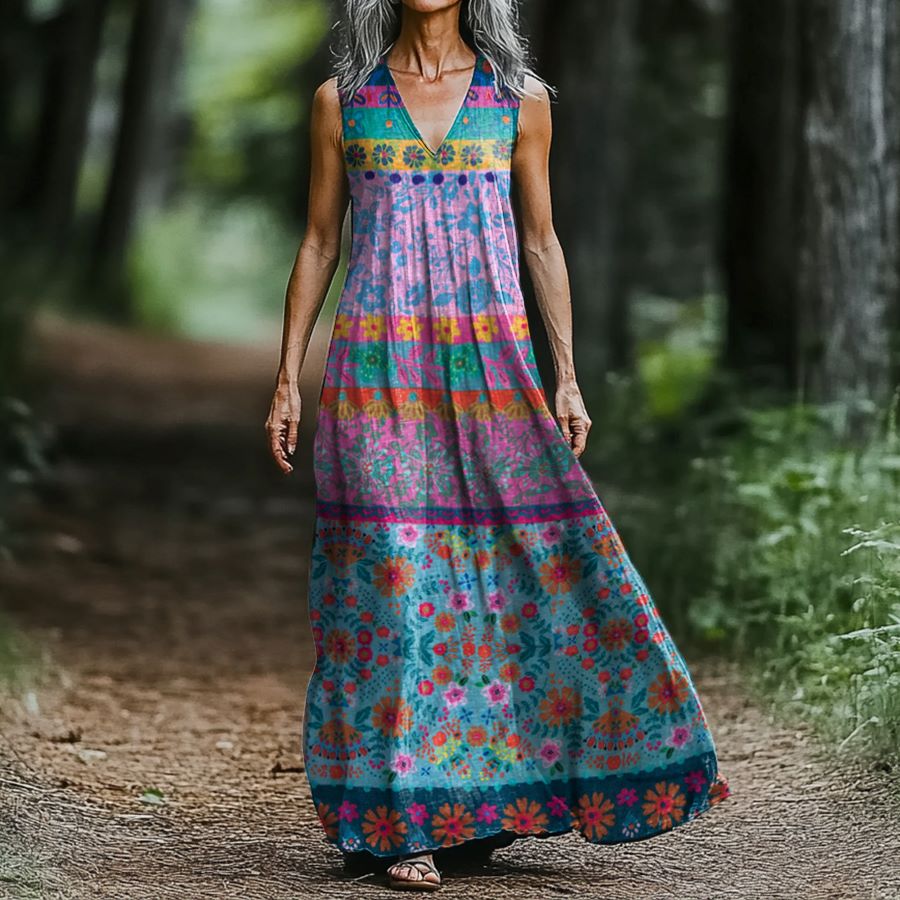 Women's Floral Art Print Cotton Sleeveless V Neck Dress elevenforest