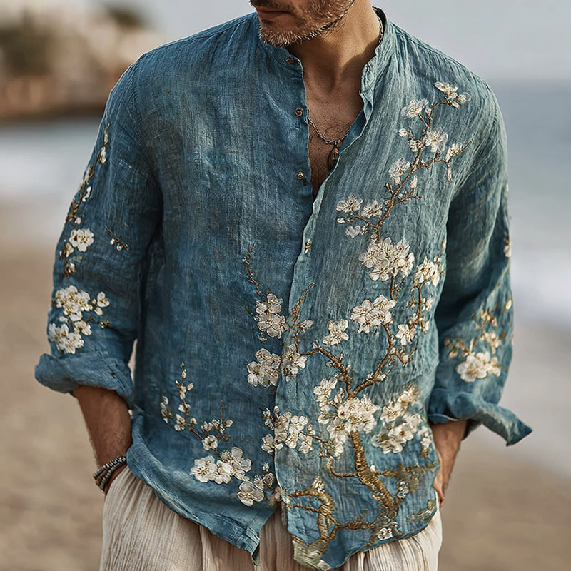 Men's Vintage Floral Embroidered Art Comfy Linen Shirt elevenforest