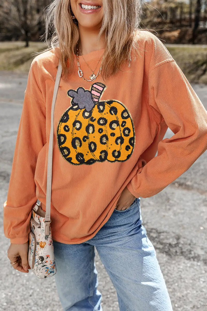 Leopard Pumpkin Ribbed Sweatshirt