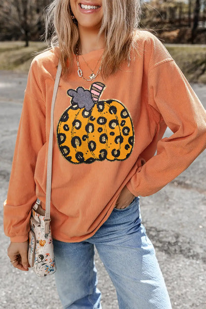 Leopard Pumpkin Ribbed Sweatshirt