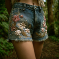 Women's Bohemian Style Three-dimensional Pink Flower Design Denim Shorts elevenforest