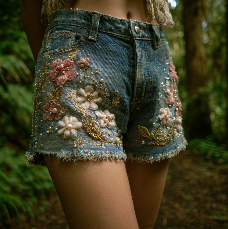 Women's Bohemian Style Three-dimensional Pink Flower Design Denim Shorts elevenforest