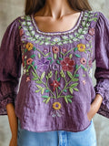 Purple Ethnic Floral Embroidery Vintage Women's Linen Shirt elevenforest