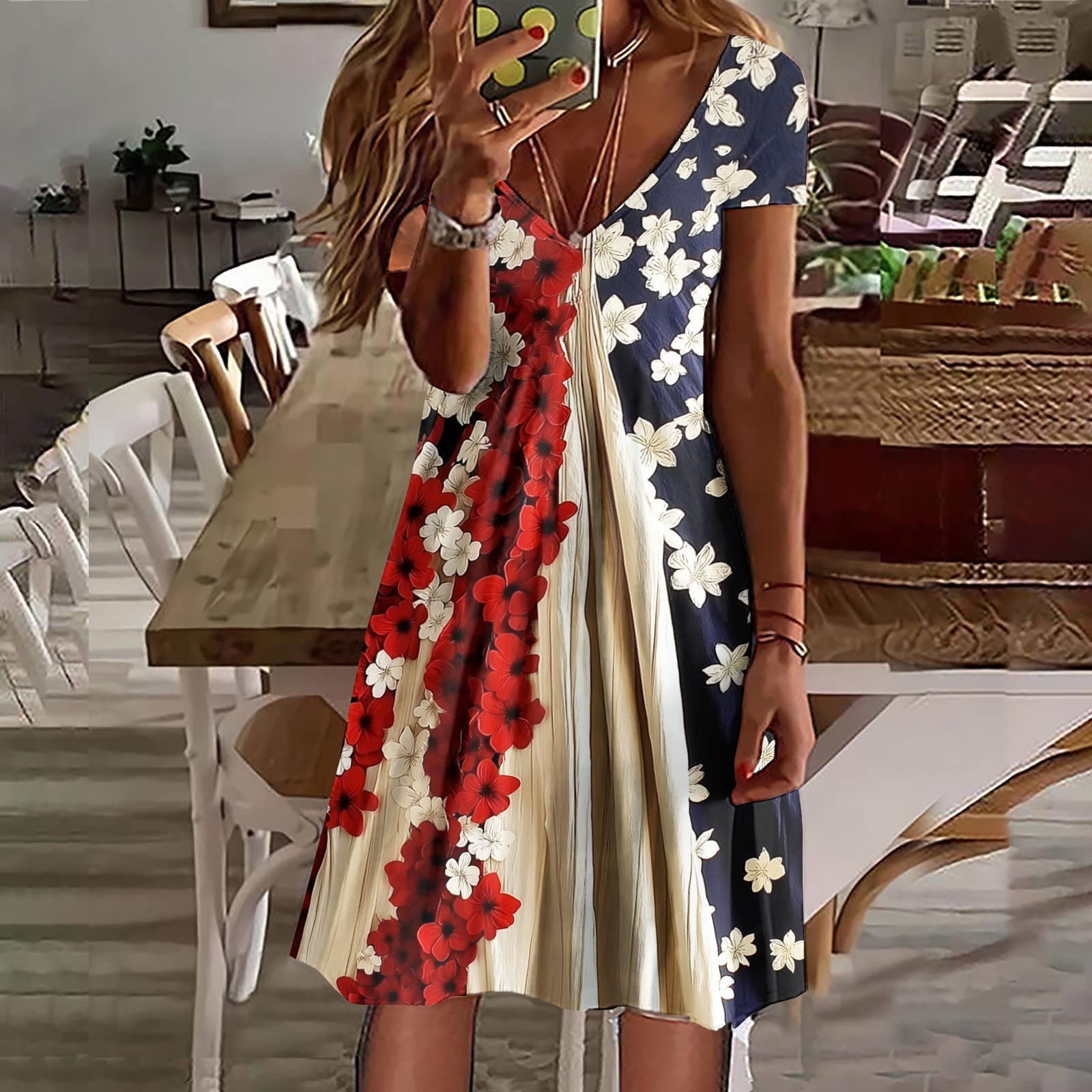 Comstylish Women's Independence Day Flag Floral Print Short Sleeve Dress