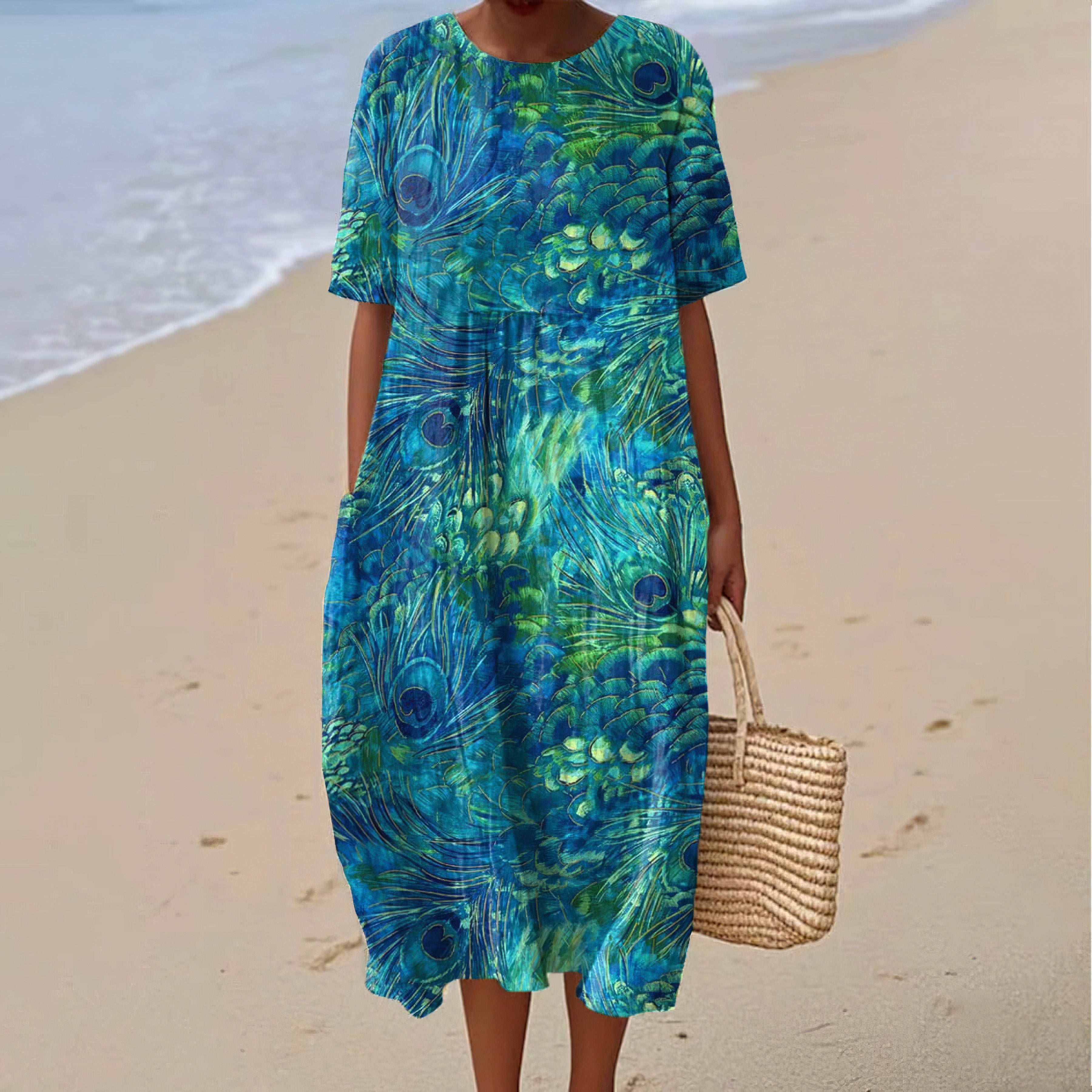 Comstylish Peacock Feather Art Print Round Neck Short Sleeve Midi Dress