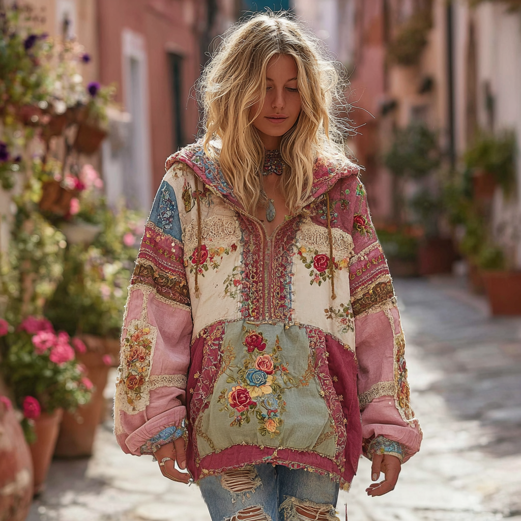 Women's Bohemian Floral And Rose Patchwork Cozy Warm Hoodie elevenforest