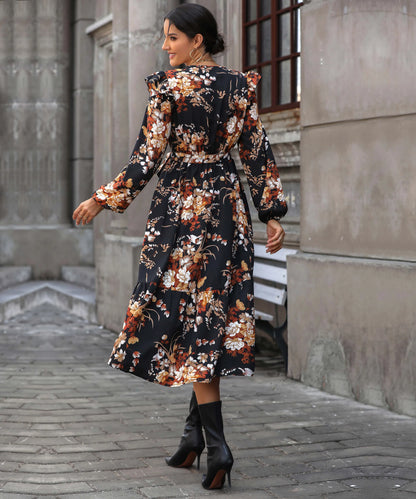 Harvest Love Print Tiered Midi Dress
