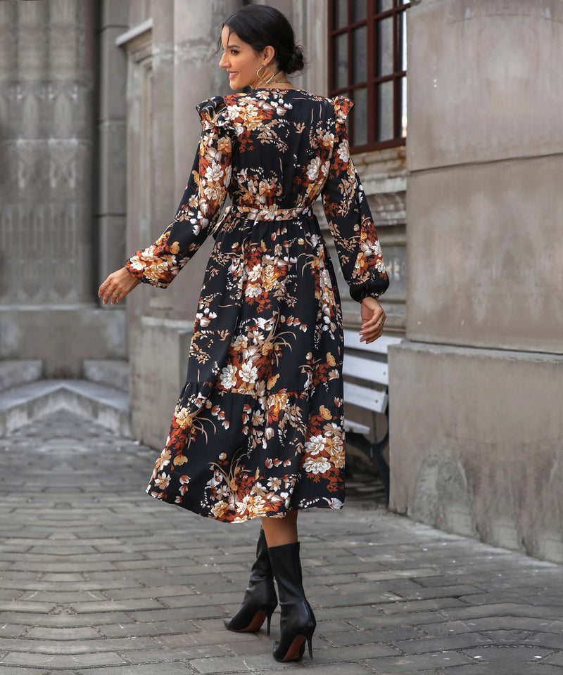 Harvest Love Print Tiered Midi Dress