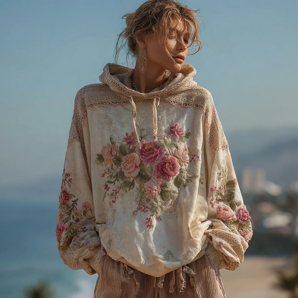 Women's Vintage Bohemian Rose Floral Panel Warm Hoodie elevenforest