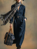 Retro Elegant Dark Blue Lapel Faux Denim Maxi Dress