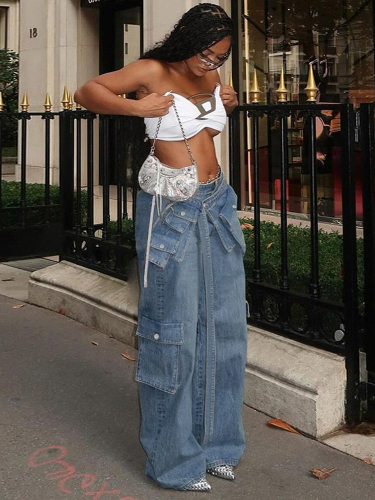 Taruxy Bandage High Waisted Baggy Jeans Blue Pockets Lace Up Cargo Pants Woman Street Oversized Denim Pant Femme