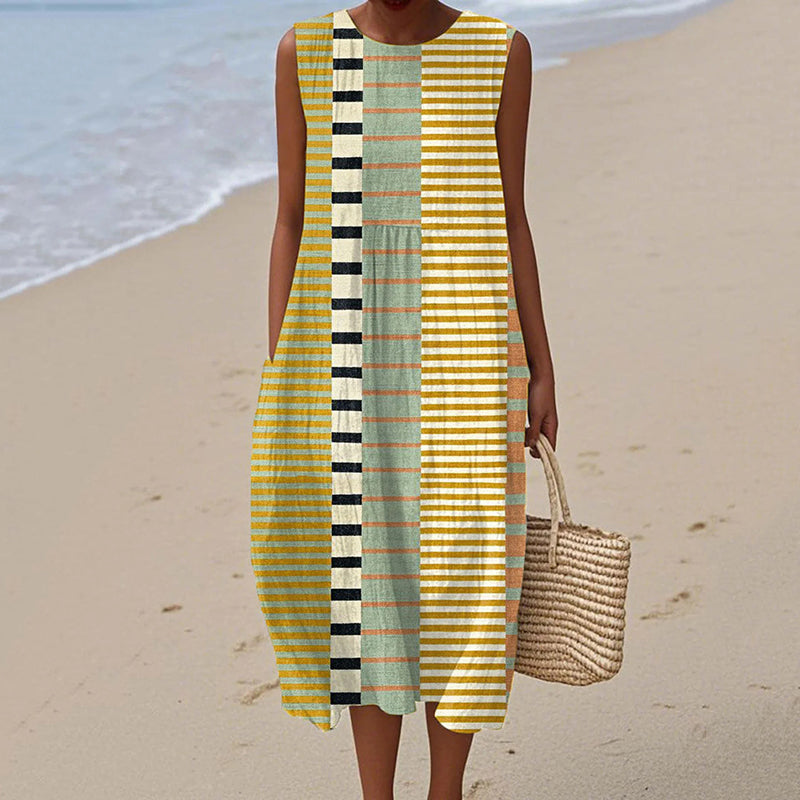 Comstylish Women's Vintage Geometry Stripes Print Casual Dress