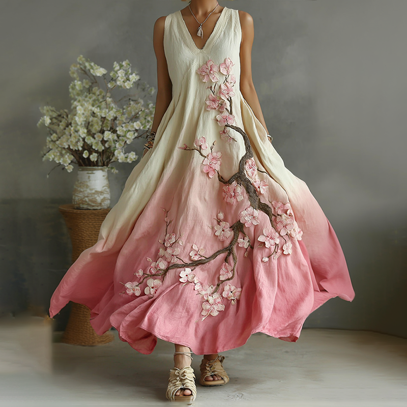Vintage Cherry Blossoms Embroidered Pattern Linen V Neck Long Dress elevenforest