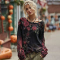 Vintage Rose Embroidery Beaded Gradient Long-sleeved T-shirt elevenforest