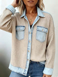 Women'S Casual Contrast Color Denim Waffle Stitching Long Sleeve Shirt 