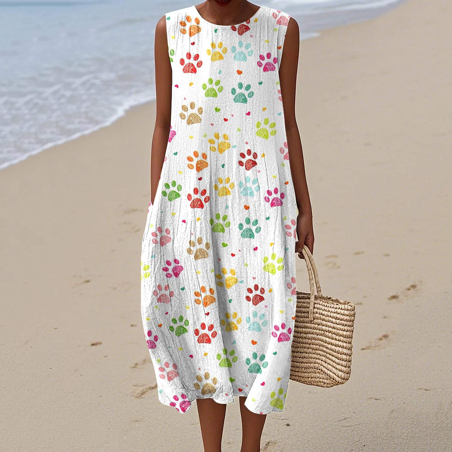 Women's Dog Paw Print Crew Neck Tank Midi Dress elevenforest