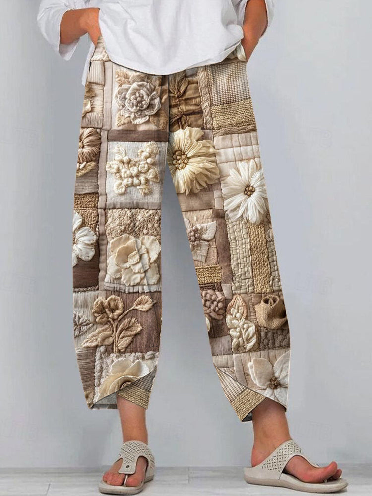Women's Boho Floral Embroidered Patchwork Linen Pants elevenforest