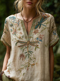 Bohemian Style Dragonfly Flower Three-dimensional Embroidery Vintage V-neck Short-sleeved Shirt elevenforest