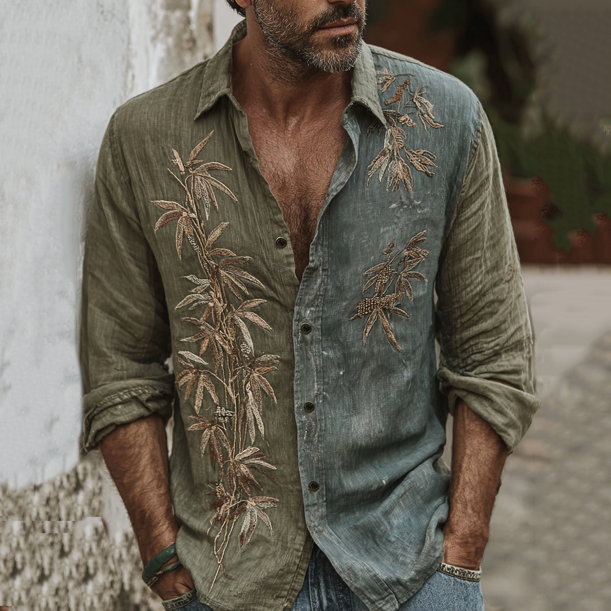 Men's Vintage Bamboo Embroidery Art Contrast Color Long Sleeve Shirt elevenforest