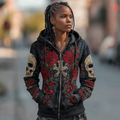 Halloween Dark Retro Lady Skeleton And Red Rose Pattern Printed Long Sleeve Hooded Sweatshirt Jacket elevenforest