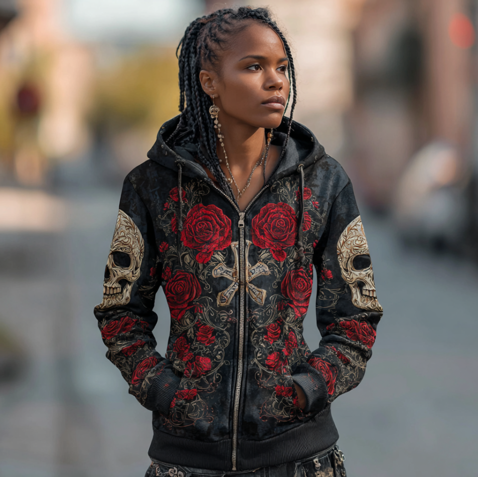 Halloween Dark Retro Lady Skeleton And Red Rose Pattern Printed Long Sleeve Hooded Sweatshirt Jacket elevenforest