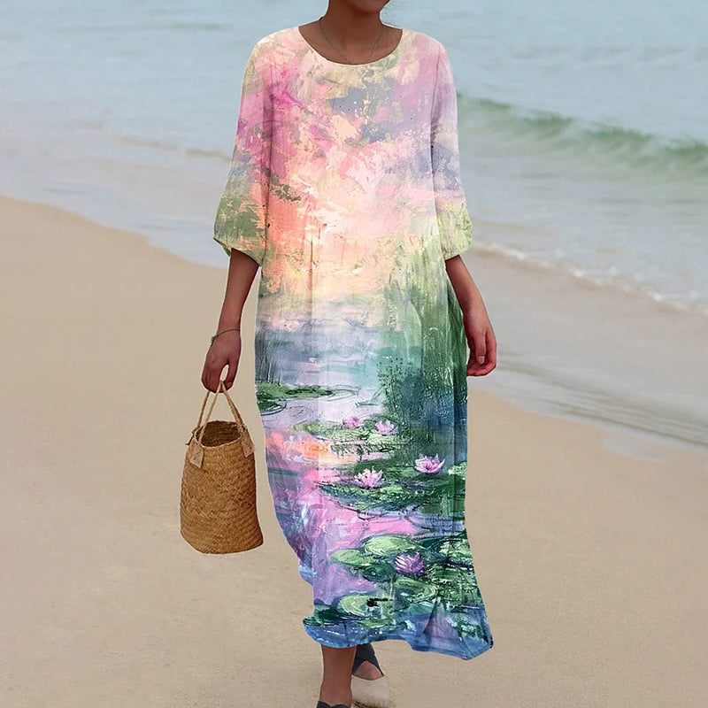 Women's Vintage Oil Painting Crew Neck Linen Blend Midi Dress elevenforest