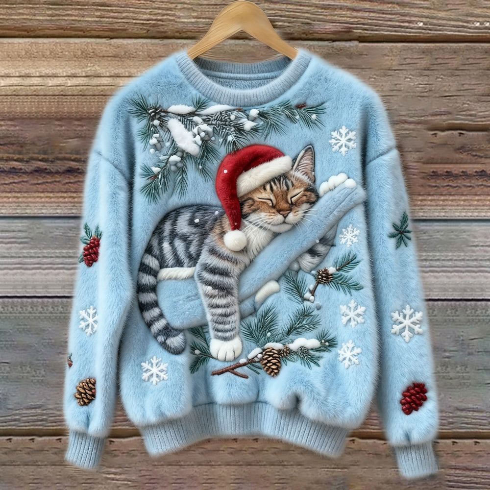 Christmas Lazy Cat Art Women's Cozy Plush Sweater artswardrobe