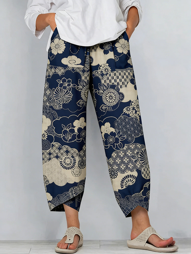 Comstylish Japanese Cloud Floral Full-print Linen Casual Trousers