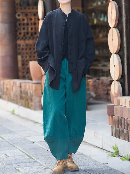 Batwing Sleeves Loose Chinese Frog Buttons Pleated Color Split-joint Stand Collar Blouses
