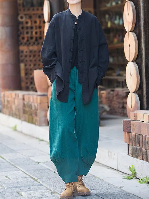 Batwing Sleeves Loose Chinese Frog Buttons Pleated Color Split-joint Stand Collar Blouses