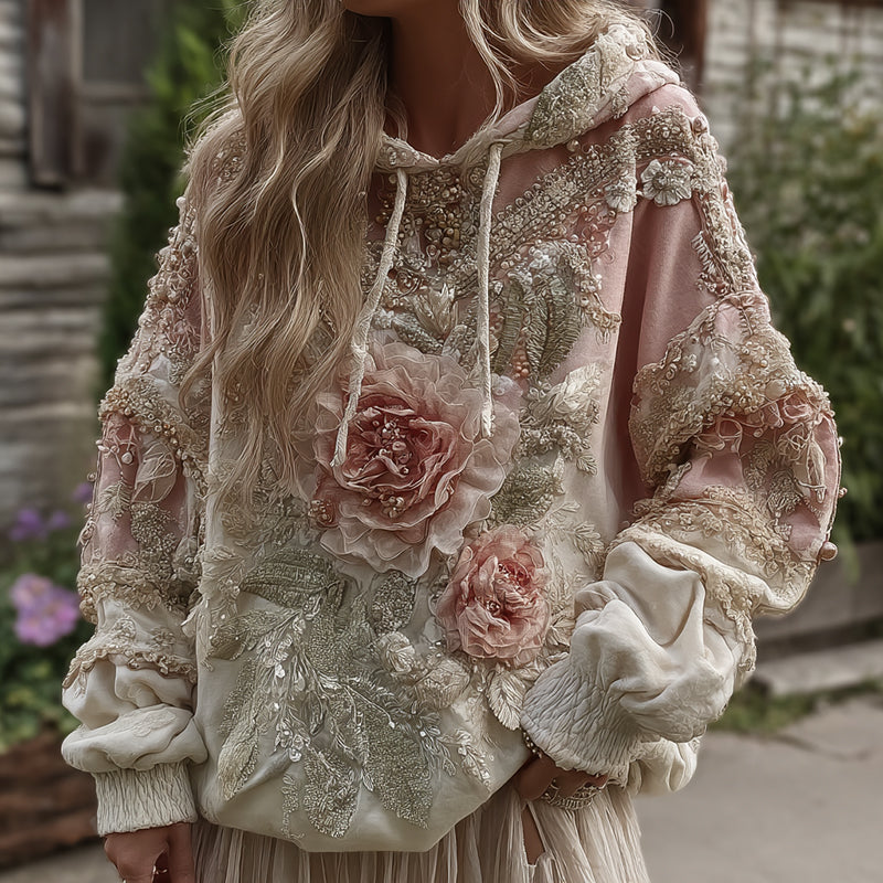 Women's Boho Flower Embroidered Art Comfy Hoodie elevenforest