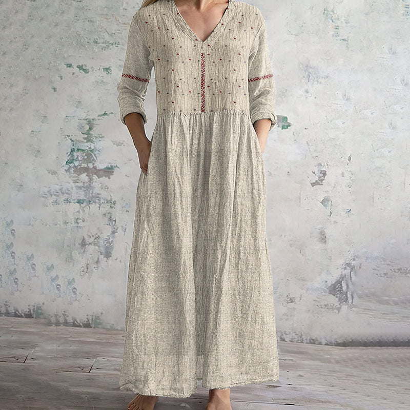 Comstylish Vintage Floral Embroidered Art Women's Linen Dress