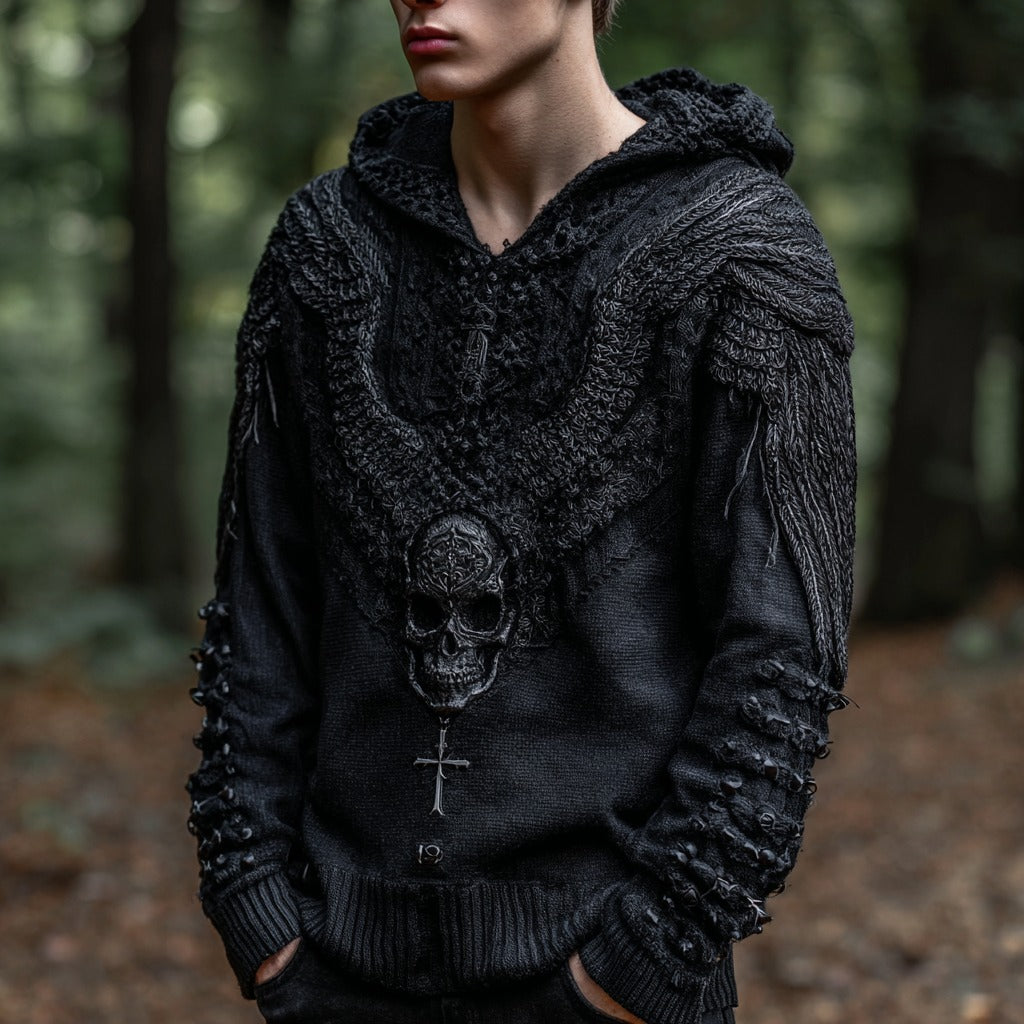 Men's Rock Wings Skull And Cross Knitted Cozy Hooded Sweater elevenforest