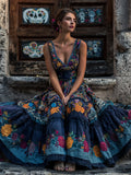 Day Of The Dead Boho Mexican Floral Embroidered Linen Maxi Dress elevenforest
