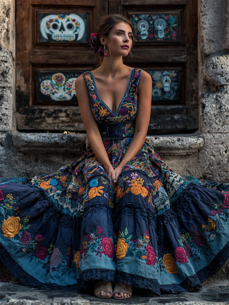 Day Of The Dead Boho Mexican Floral Embroidered Linen Maxi Dress elevenforest