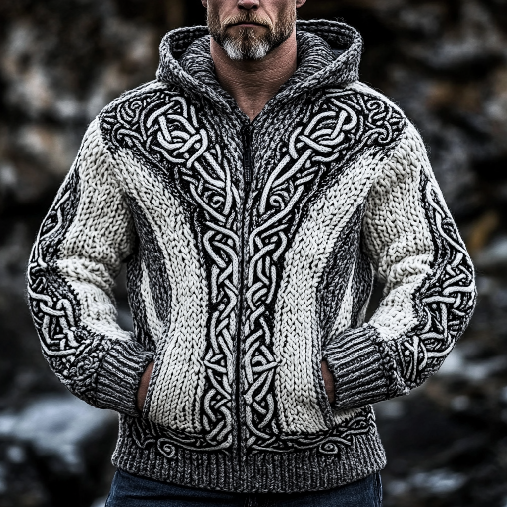 Men's Viking Style Celtic Thick Zip Hooded Sweater elevenforest