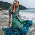 Bohemian Style Retro Peacock Feather And Plant Flower Pattern Women's Casual Cotton And Linen Dress elevenforest