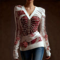 Comstylish Classy Skeleton Anatomy Bloody Roses Bandages V Neck Sweater