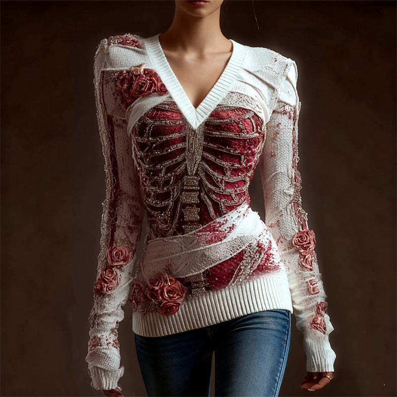 Comstylish Classy Skeleton Anatomy Bloody Roses Bandages V Neck Sweater